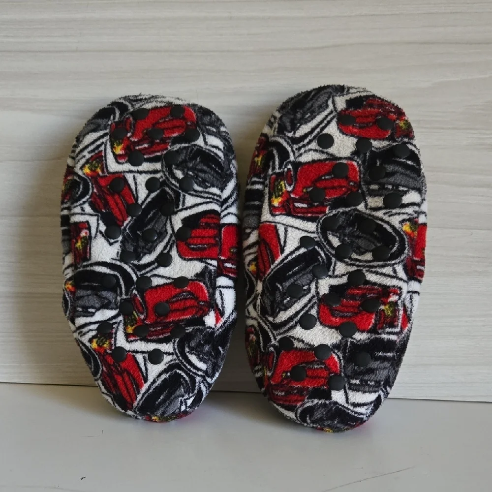 Kids Plush Slip-On Slippers with Red Car Print